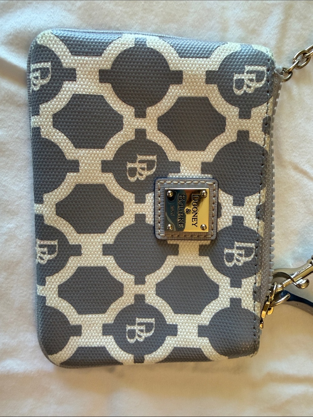 Dooney & Bourke Gray and Cream Logo Wristlet Key Pouch with Gold Hardware - Picture 9 of 12